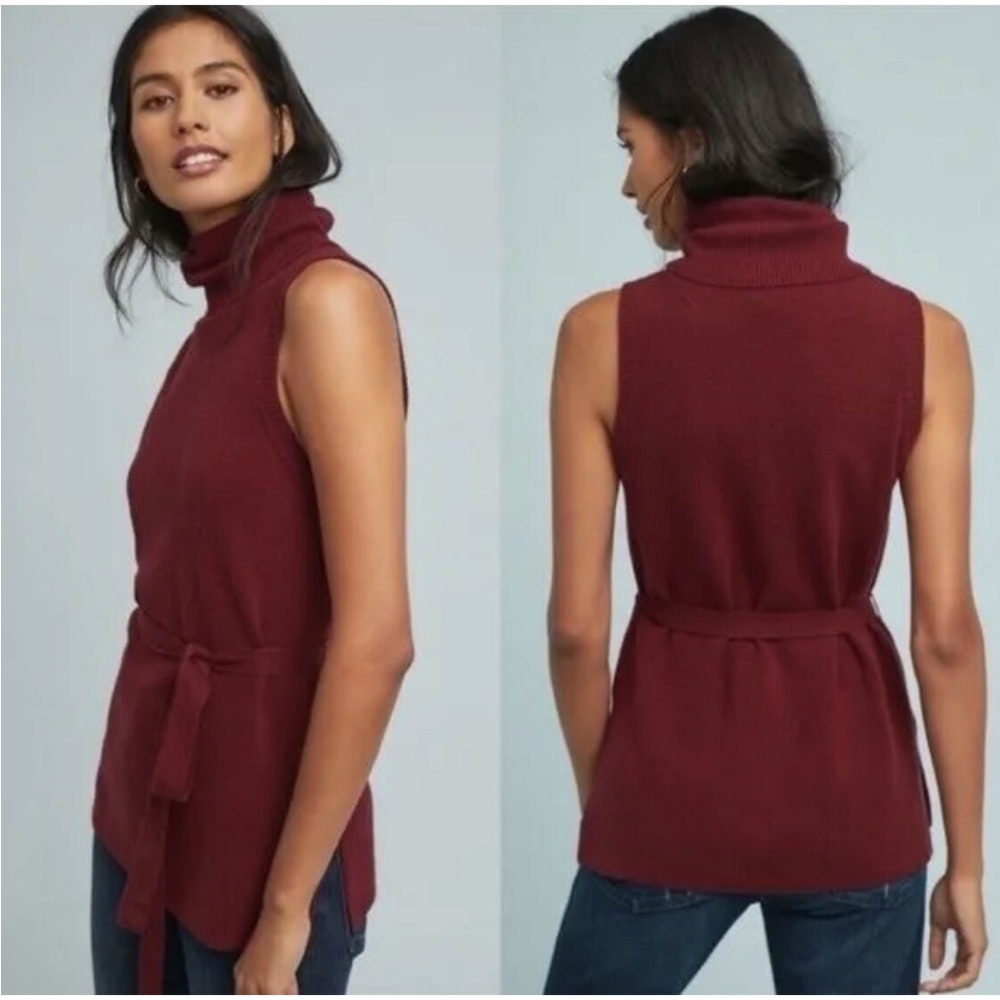 Anthropologie Merino Wool Blend Burgundy Sleeveless Turtleneck Sweater